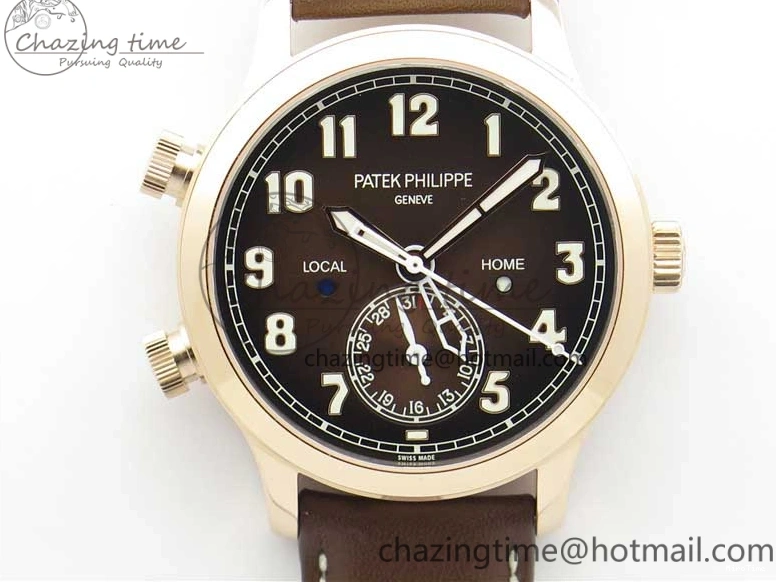 MIROTIME 0510 ZipUp Calatrava 5524R Pilot Travel Time RG GRF Brown Dial on Brown Leather Strap A324 V 7110